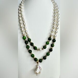 Bohemian Style (Two Pieces) Pearls and Natural Green Bead Necklace.